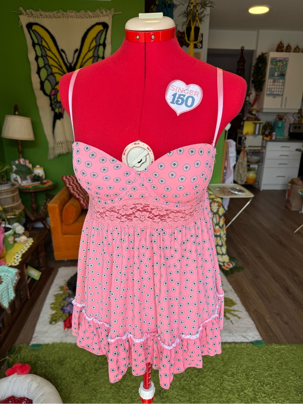 Pink Floral Ruffle Bra Top with Lace Bodice